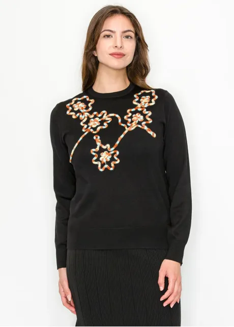 Embroidered Floral Knit Top in Black