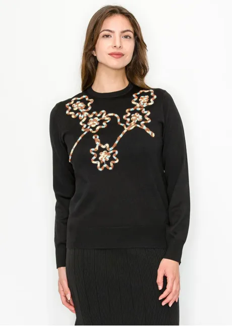Embroidered Floral Knit Top in Black