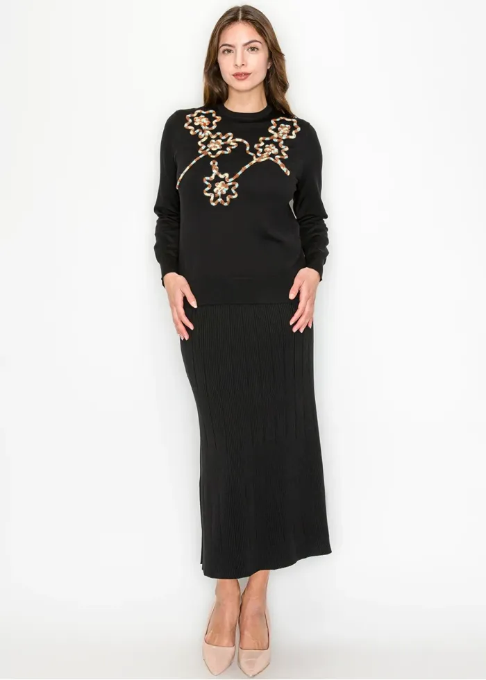 Embroidered Floral Knit Top in Black