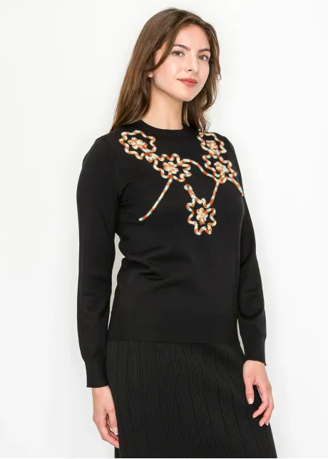 Embroidered Floral Knit Top in Black