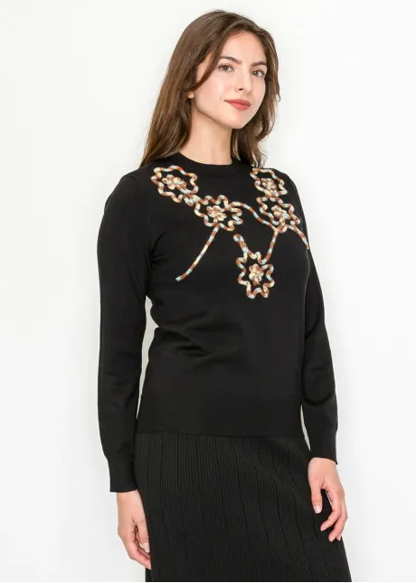 Embroidered Floral Knit Top in Black