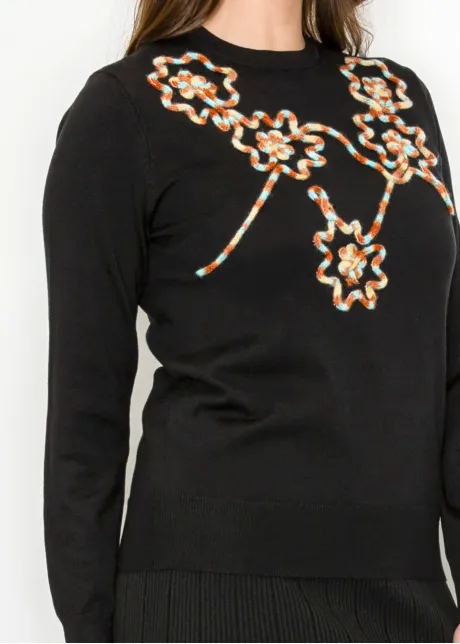 Embroidered Floral Knit Top in Black