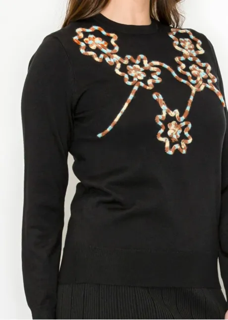 Embroidered Floral Knit Top in Black