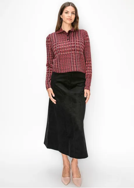 Burgundy Houndstooth Collared Knit Top