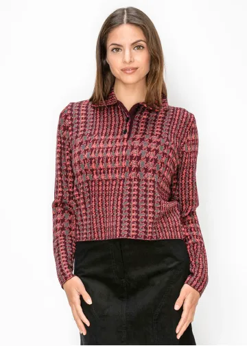 Burgundy Houndstooth Collared Knit Top