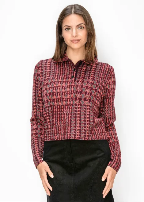 Burgundy Houndstooth Collared Knit Top
