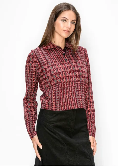 Burgundy Houndstooth Collared Knit Top