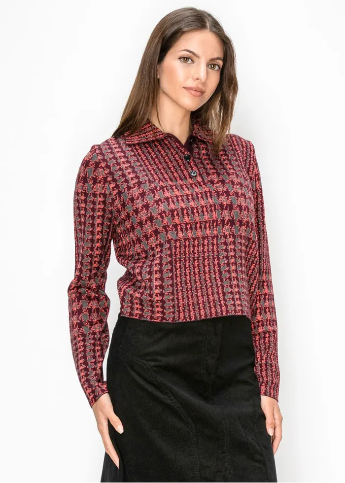 Burgundy Houndstooth Collared Knit Top