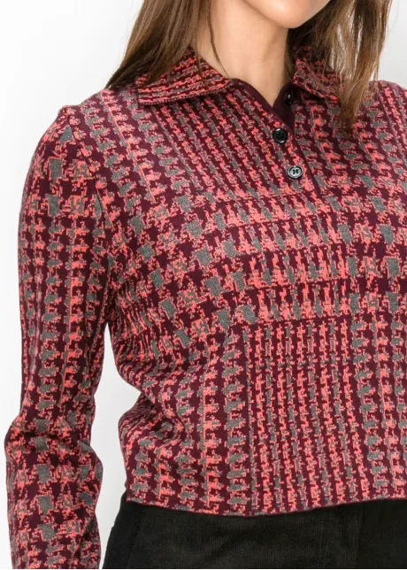Burgundy Houndstooth Collared Knit Top