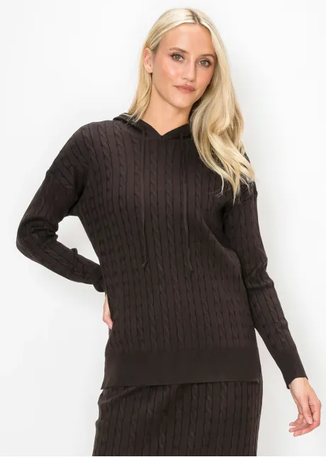 Brown Cable Knit Hooded Sweater