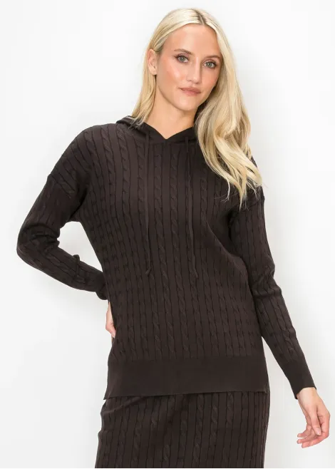 Brown Cable Knit Hooded Sweater