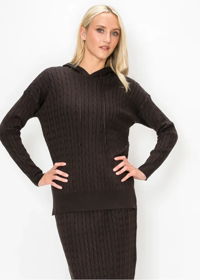 Brown Cable Knit Hooded Sweater