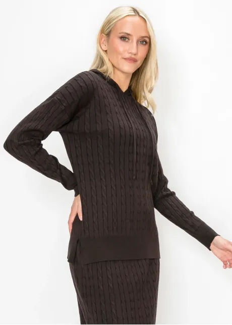 Brown Cable Knit Hooded Sweater