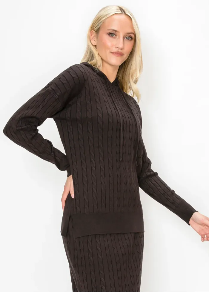 Brown Cable Knit Hooded Sweater