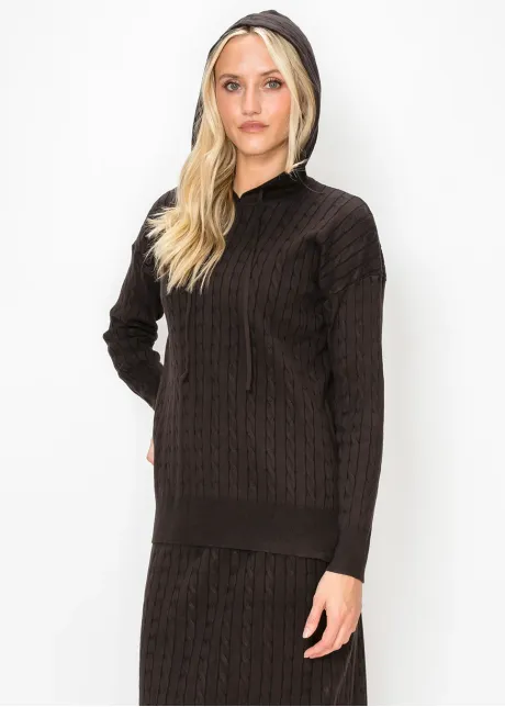 Brown Cable Knit Hooded Sweater
