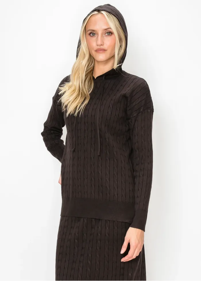 Brown Cable Knit Hooded Sweater