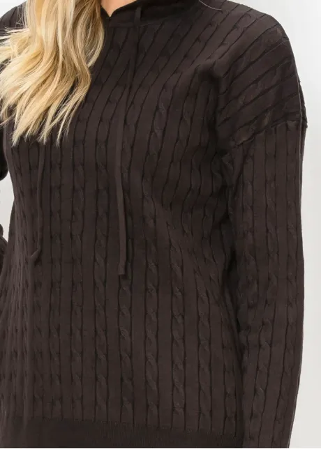 Brown Cable Knit Hooded Sweater