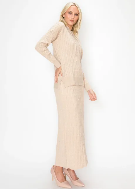 Oatmeal Cable Knit Skirt with Elastic Waist