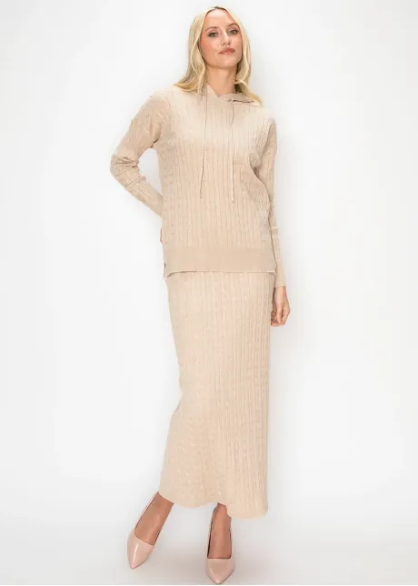 Oatmeal Cable Knit Skirt with Elastic Waist