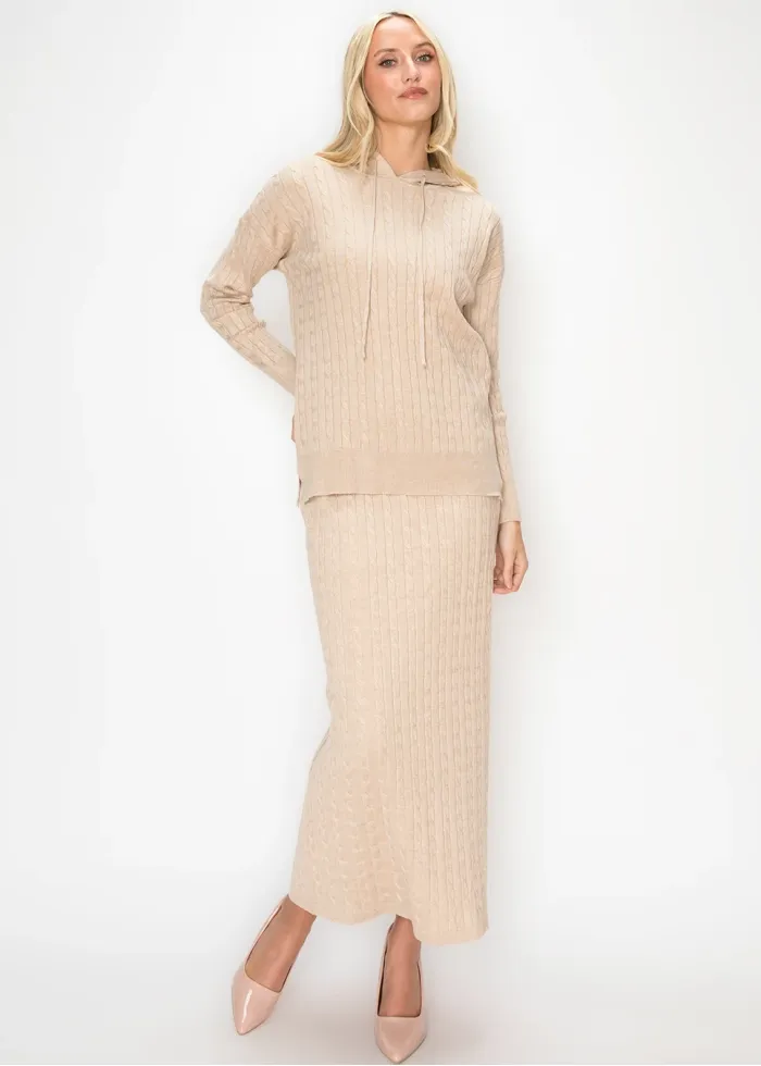Oatmeal Cable Knit Hoodie and Skirt Set