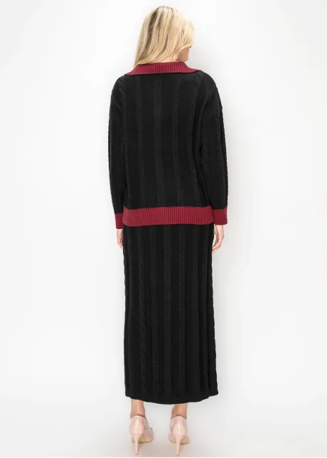 Cotton Blend Cable Knit Skirt, Black
