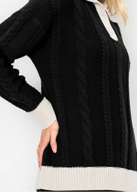 Cable Knit Collared Sweater in Black