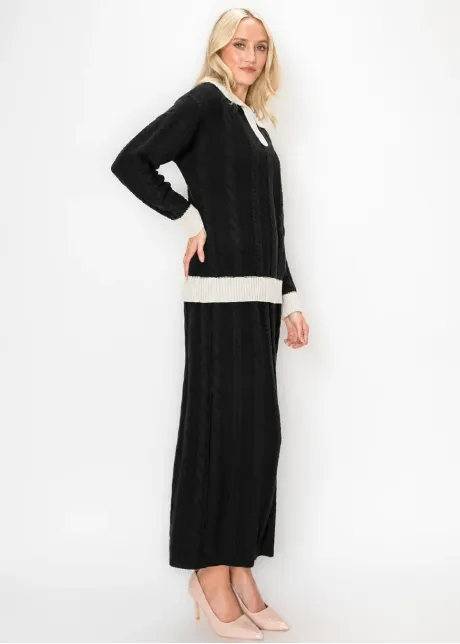 Black Cable Knit Polo and Skirt Set