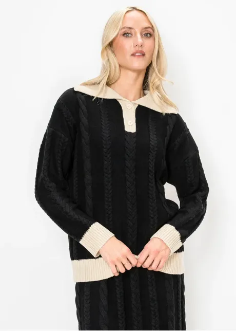 Cable Knit Collared Sweater in Black