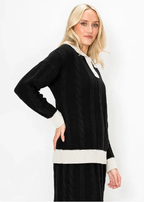 Cable Knit Collared Sweater in Black