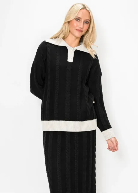 Cable Knit Collared Sweater in Black