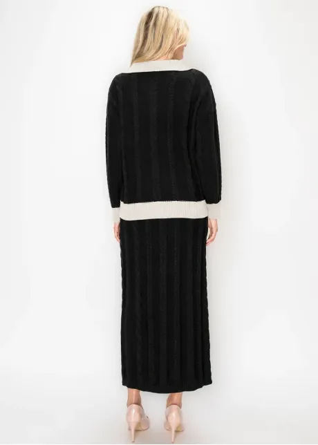 Black Cable Knit Polo and Skirt Set