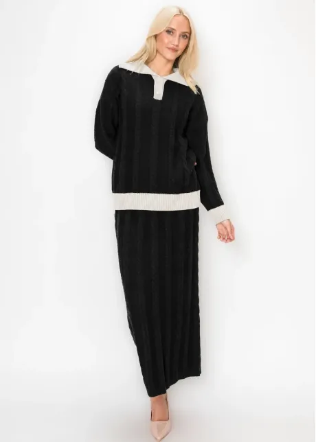 Black Cable Knit Polo and Skirt Set