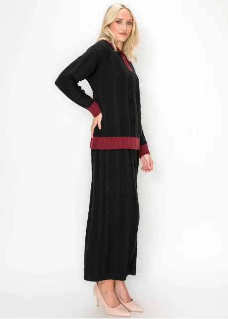 Cotton Blend Cable Knit Skirt, Black