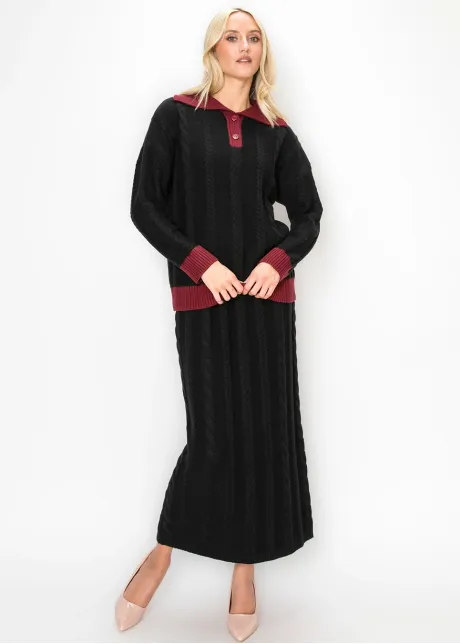 Cotton Blend Cable Knit Skirt, Black