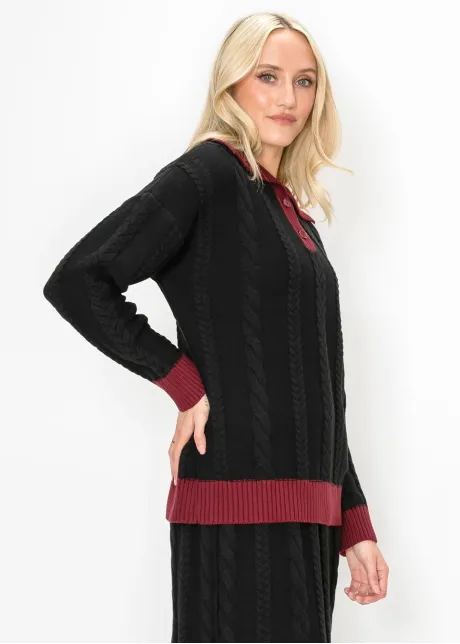 Cable Knit Collared Sweater in Black
