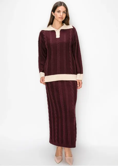 Cable Knit Maxi Skirt in Burgundy