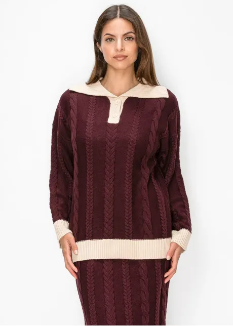 Cable Knit Collared Sweater in Burgundy