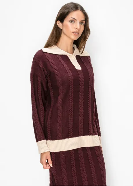 Cable Knit Collared Sweater in Burgundy