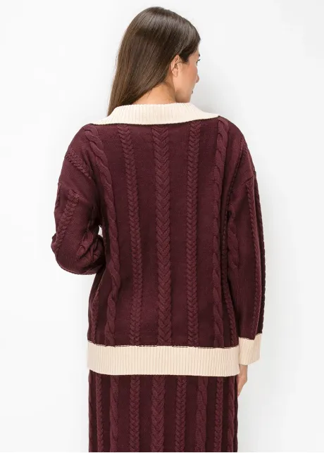 Cable Knit Collared Sweater in Burgundy