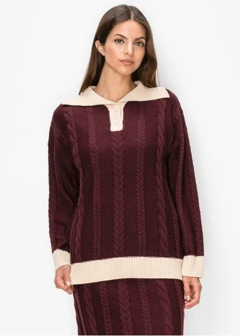 Cable Knit Collared Sweater in Burgundy