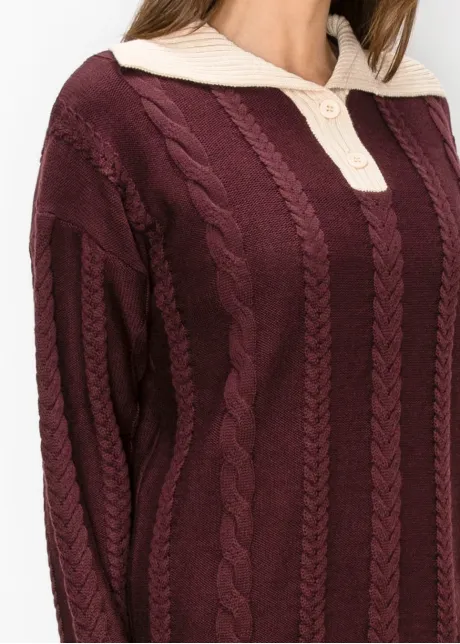 Cable Knit Collared Sweater in Burgundy