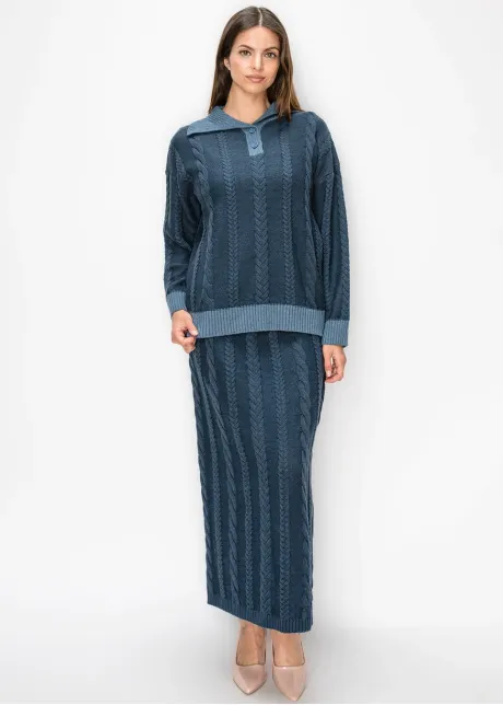 Navy Cable Knit Sweater with Collar