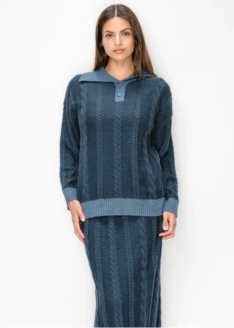 Navy Cable Knit Sweater with Collar