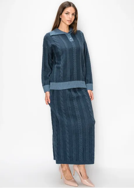 Navy Cable Knit Sweater with Collar