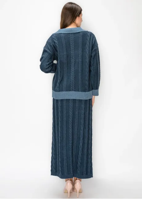 Navy Cable Knit Sweater with Collar