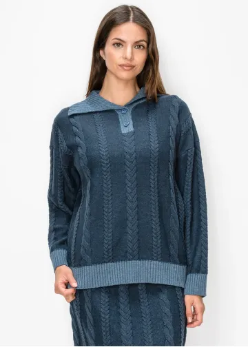Navy Cable Knit Sweater with Collar
