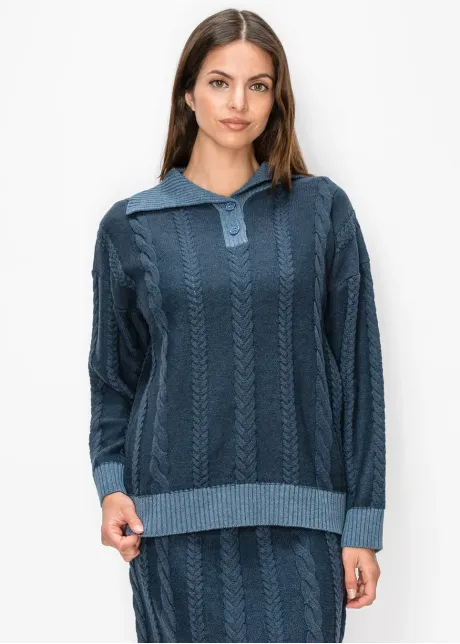 Navy Cable Knit Sweater with Collar