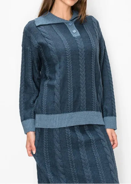 Navy Cable Knit Sweater with Collar
