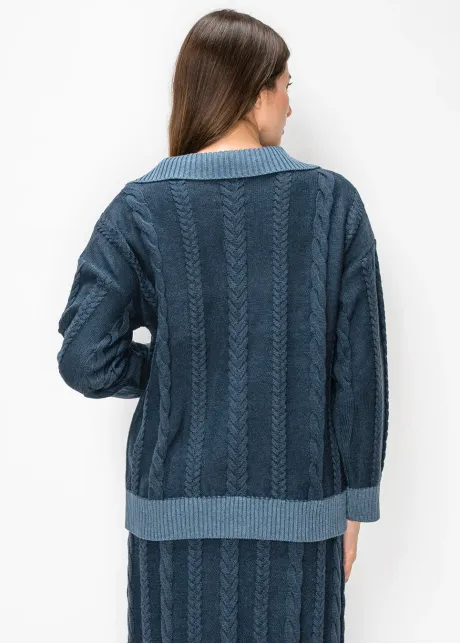 Navy Cable Knit Sweater with Collar