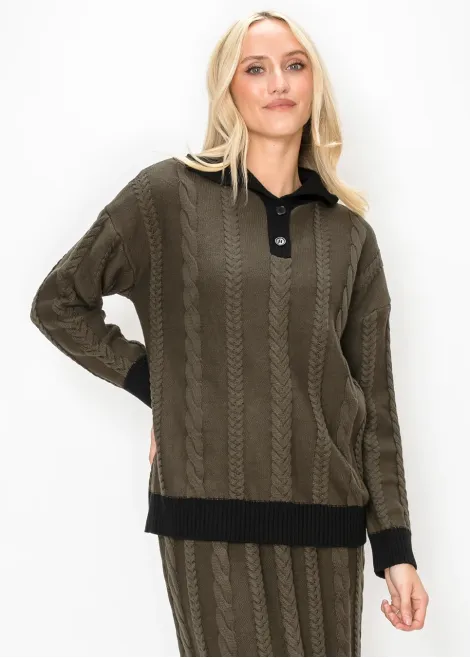 Collared Cable Sweater with Black Trim